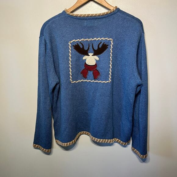 VTG Christopher & Banks Sweater Hand Embroidered Blue Holiday Moose Knit L - Picture 4 of 7